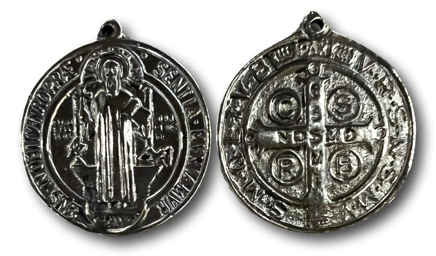 Small Saint Benedict Medal in pewter, compact Catholic faith token, 2 x 1.75 inches, Christian gift by Sylvia Moriel.