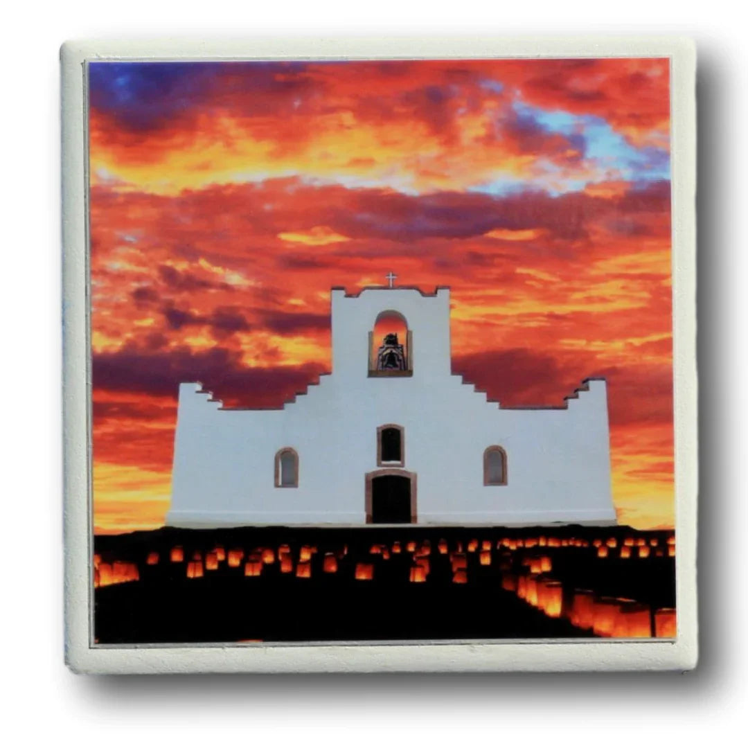 Socorro Mission Luminarias Coaster – Ceramic, Cork Back, 4x4 in
