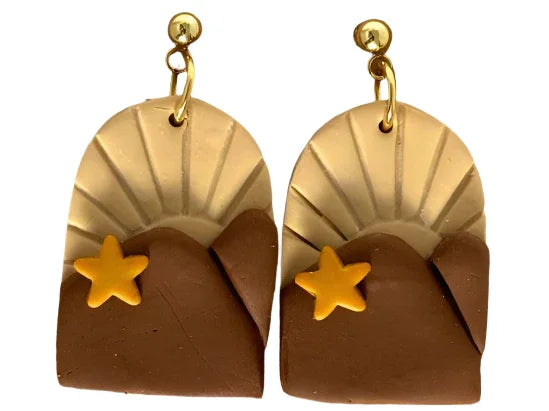 Melissa Cortinas Southwest star and mountain sunset earrings featuring polymer clay design and 24K gold-plated studs.