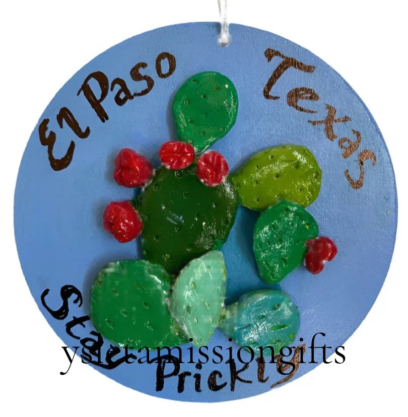 Handcrafted 4x4 acrylic cactus ornament with polymer clay accents, Southwest-inspired keepsake by Susan W Perez.