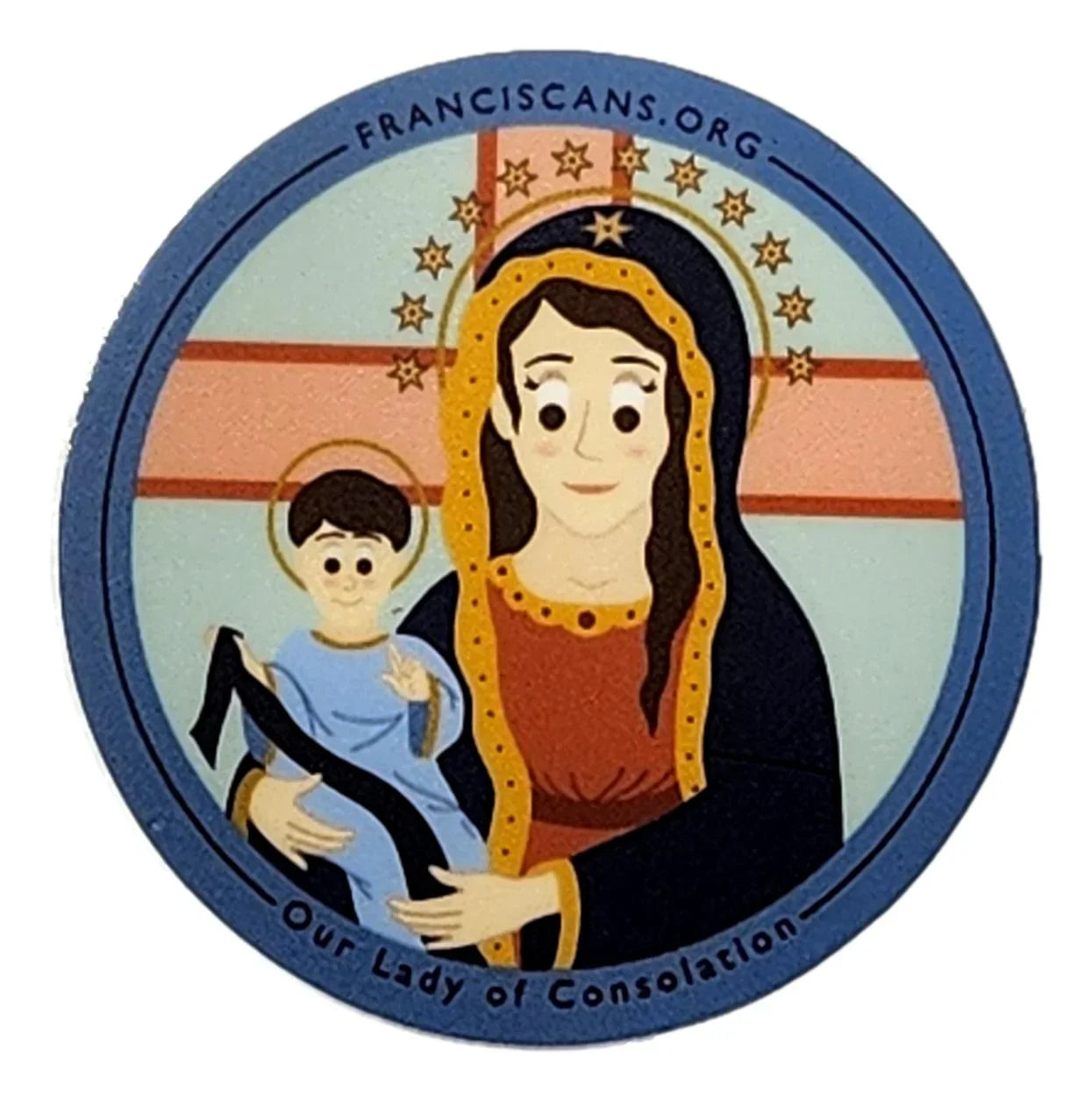 Removable religious sticker designs from Ysleta Mission Gift Shop, featuring vibrant images of religious symbols and El Paso landmarks.