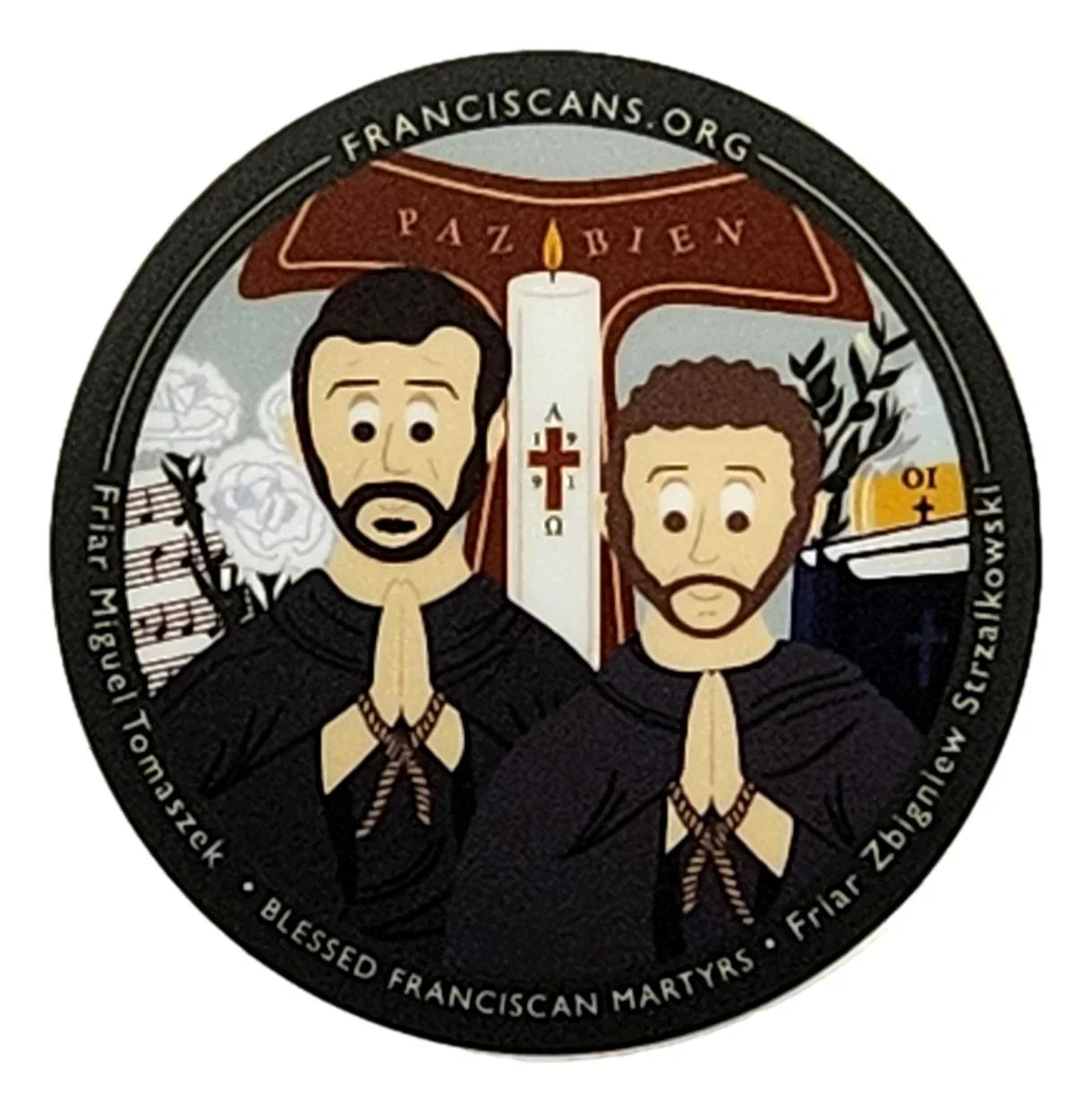 Removable religious design stickers from Ysleta Mission Gift Shop featuring El Paso-inspired religious artwork.