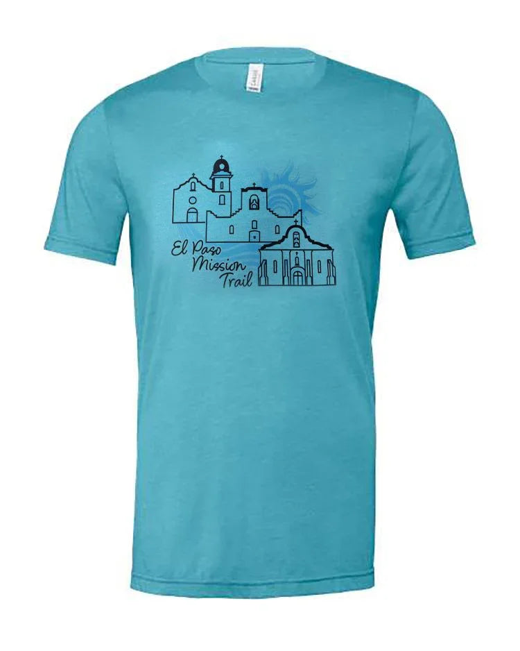 Unisex Heather Aqua T-shirt featuring El Paso Mission Trail design from Vanessa Clark, casual apparel and wearable top.