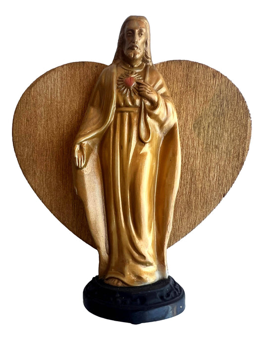 Tabletop Statue – Sacred Heart with Wooden Backing, 4"x4"