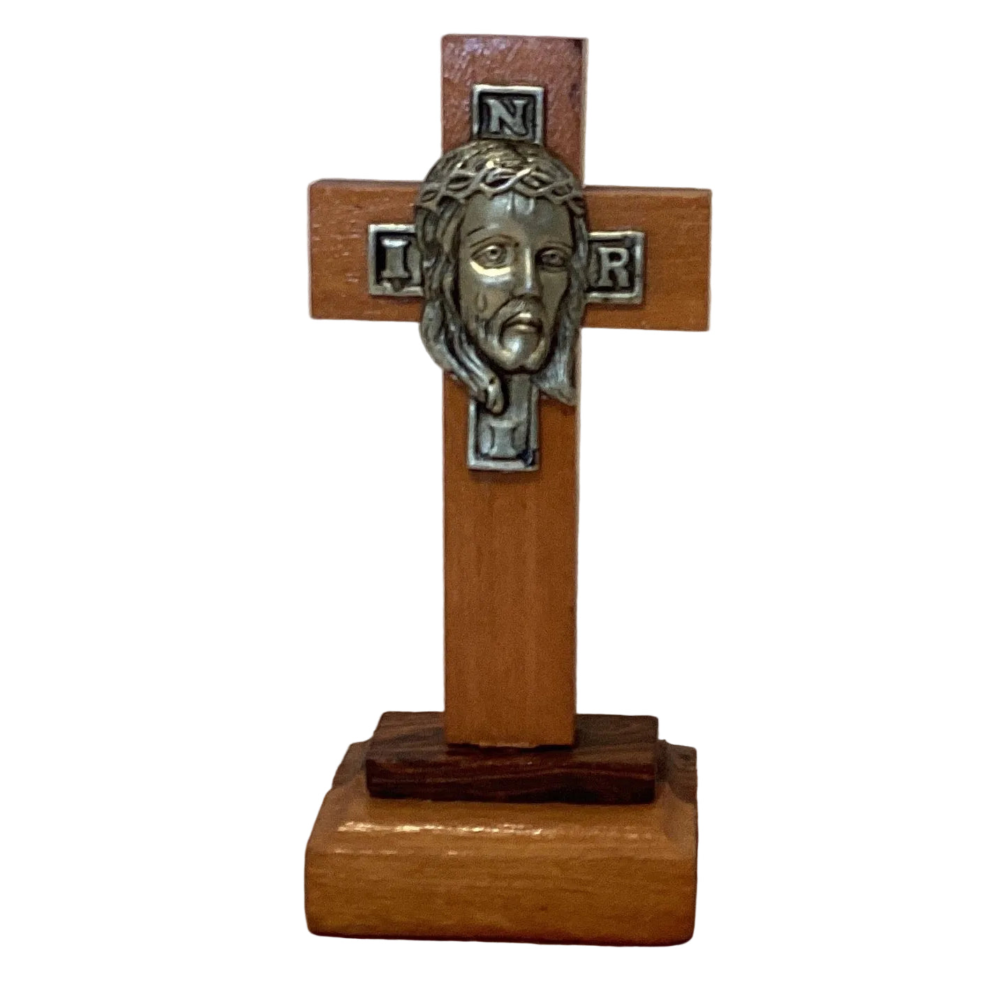 Tabletop Wooden Cross with Pewter Face of Jesus