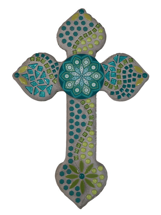 Teal Green Resin Mosaic Wood Cross – Round Deco 18.5x12.5