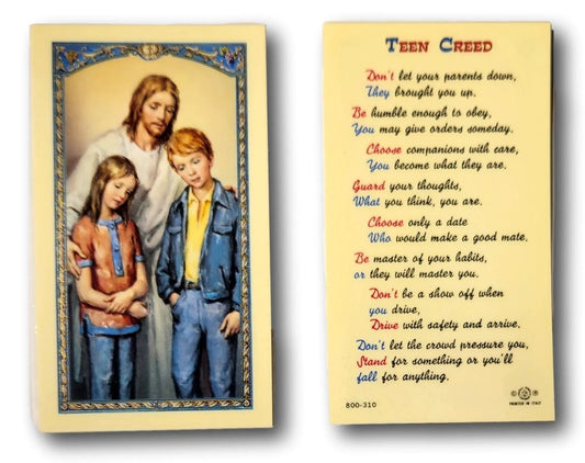 Laminated Teen Creed prayer card with faith-based encouragement, featuring Christian symbols and inspirational message for youth.