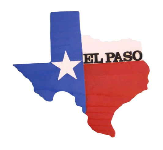 Handcrafted Texas state-shaped wooden flag wall art featuring El Paso theme, 10x10 inches, by Miguel Martinez.