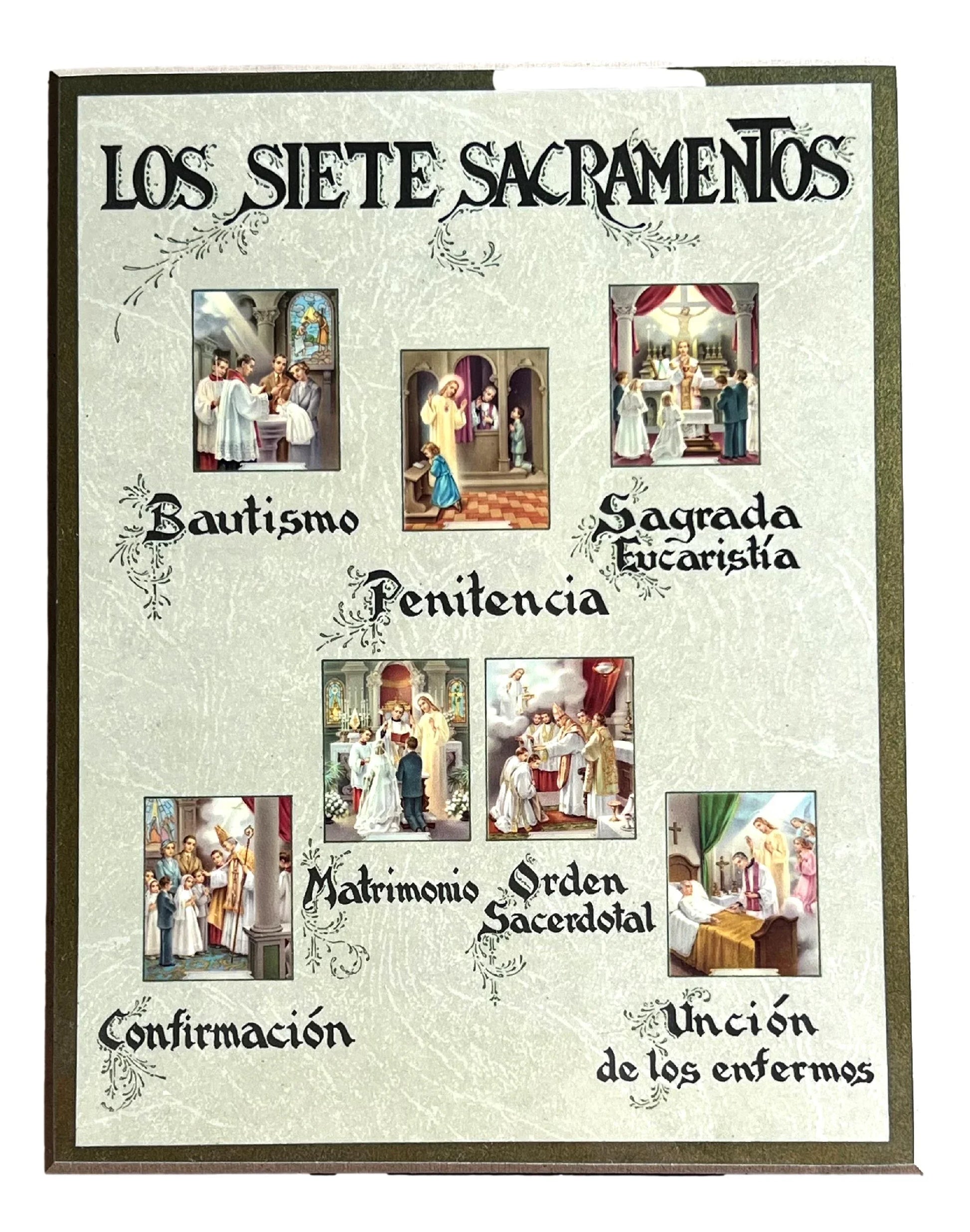 The Seven Sacraments Siete Sacramentos Wood Plaque – Handcrafted Religious Decor 9" x 7" - Ysleta Mission Gift Shop