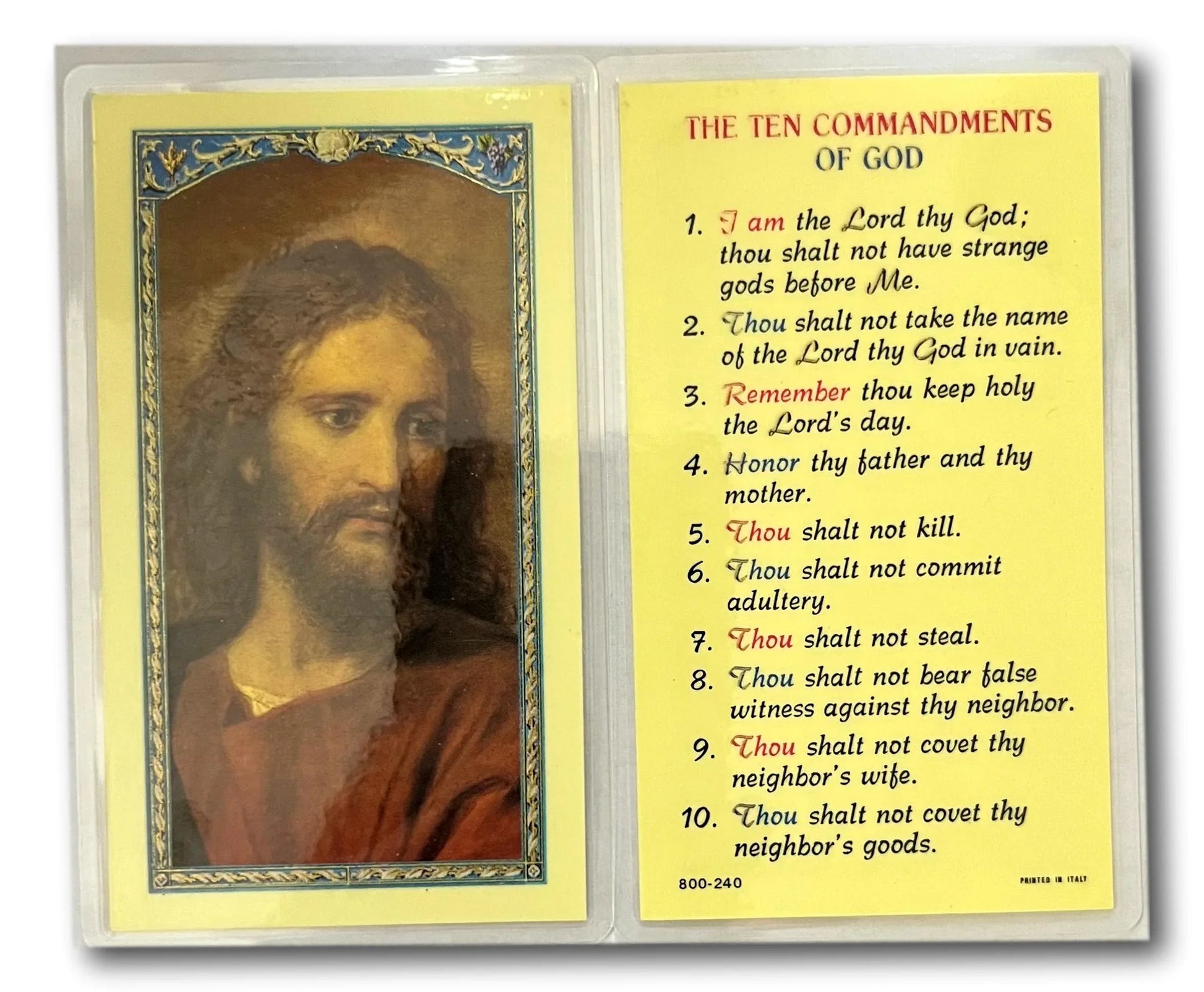 Laminated Catholic prayer card featuring The Ten Commandments of God, a spiritual reference and learning tool from Ysleta Mission.