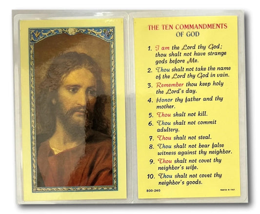 Laminated Catholic prayer card featuring The Ten Commandments of God, a spiritual reference and learning tool from Ysleta Mission.