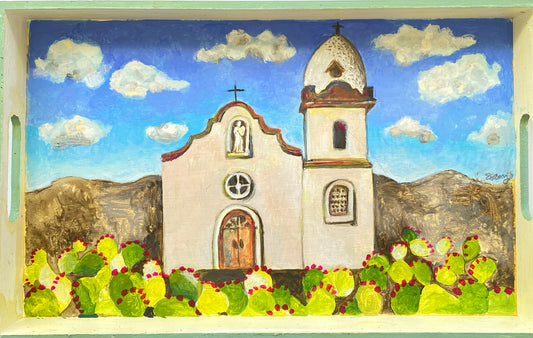 Tray Ysleta Mission with Puffy Clouds - Ysleta Mission Gift Shop