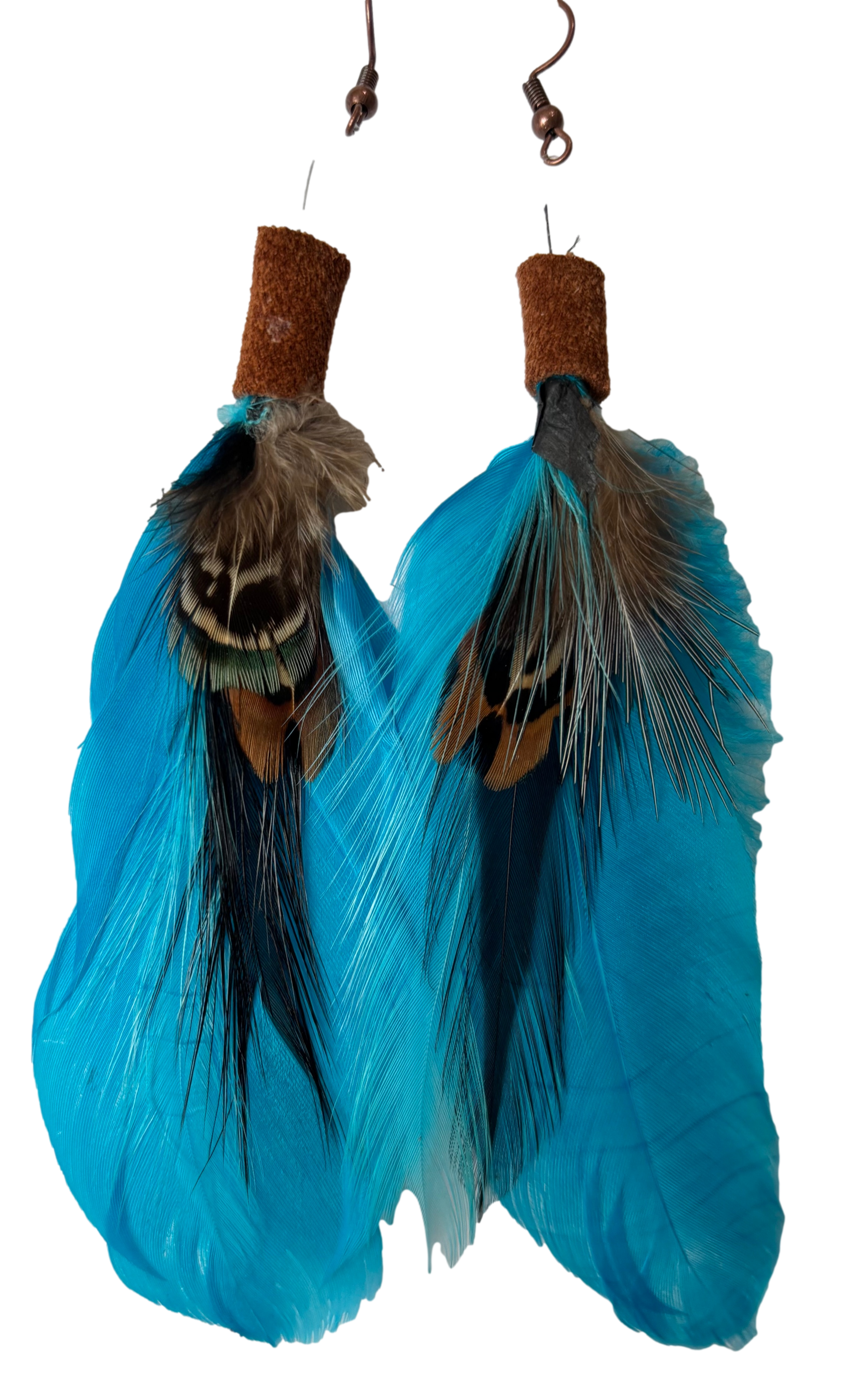 Turquoise feather earrings by Consuelo Barraza featuring vibrant feather design and silver hooks for jewelry and accessories.