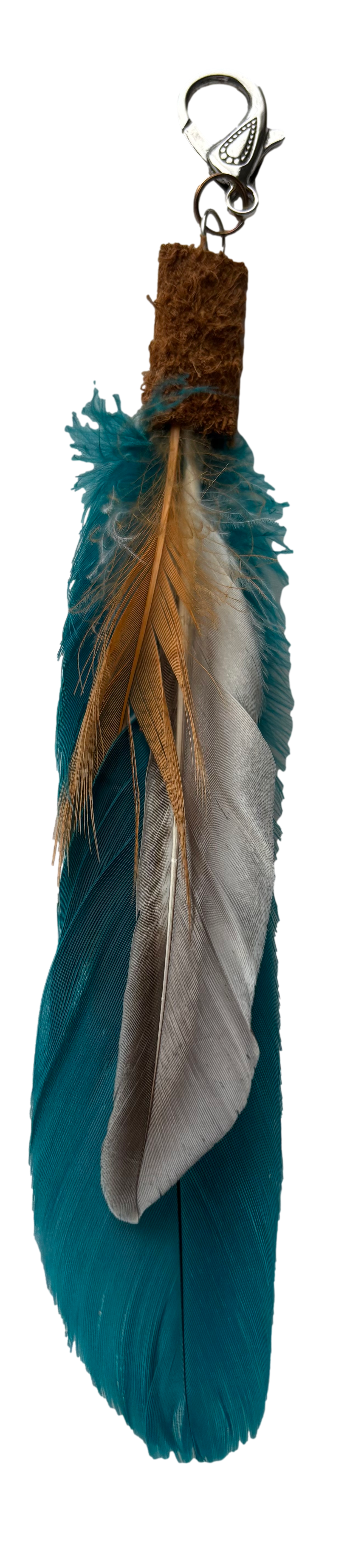 Turquoise feather tassel keychain by Consuelo Barraza with vibrant feathers and silver clasp for handbags or wallets.
