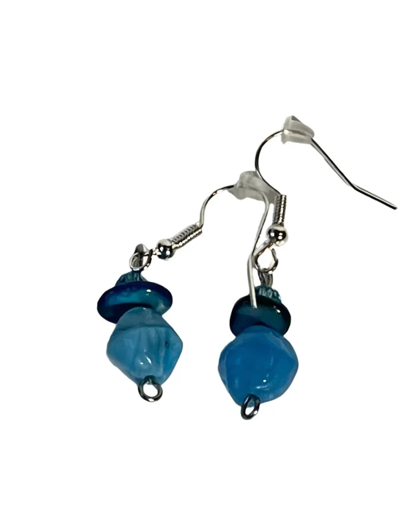 Turquoise odd shape bead earrings with shell toppers and silver hooks, 0.5-inch dangle jewelry by Sylvia Leroux