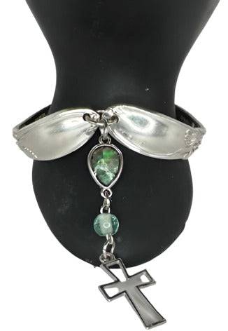 Upcycled Spoon Bracelet – Silver Plated with Teardrop Mother of Pearl Charm, Glass Bead & Hollow Silvertone Cross