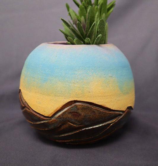 Vase Wheel Thrown Textured Mountain with Texas Sunset-round