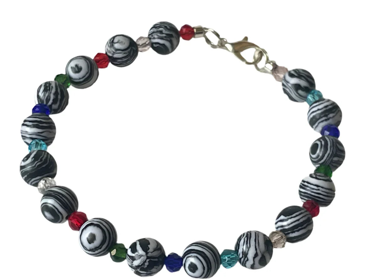 Vibrant Energy Bracelet – 8 Malachite Black & White Stones with Multicolor Gem Spacers - Ysleta Mission Gift Shop