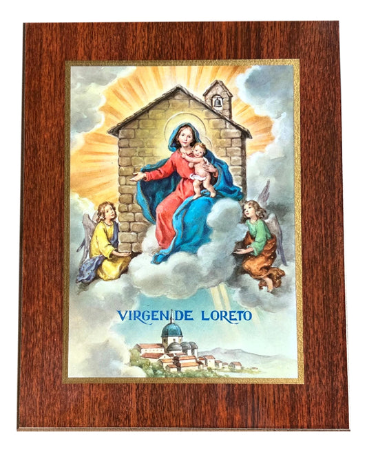 Handcrafted Virgen de Loreto wooden plaque, Catholic religious wall art, 9x7 inches, ideal Christian prayer gift.