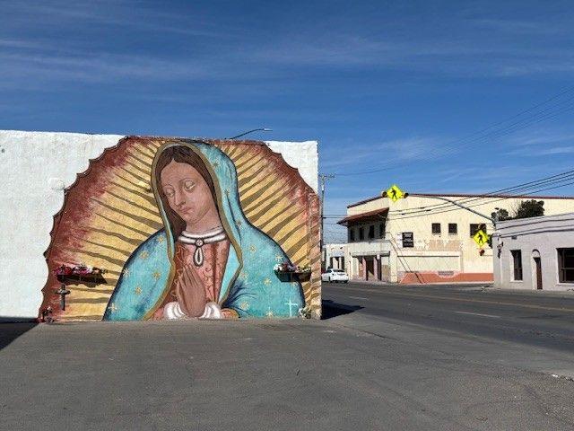 Virgin Mural Notecard by Miguel Martinez, 5x7 heavyweight paper with matching envelope, featuring colorful mural design.