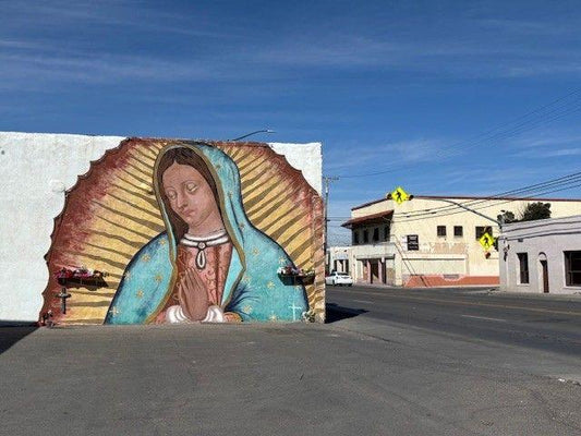 Virgin Mural Notecard by Miguel Martinez, 5x7 heavyweight paper with matching envelope, featuring colorful mural design.