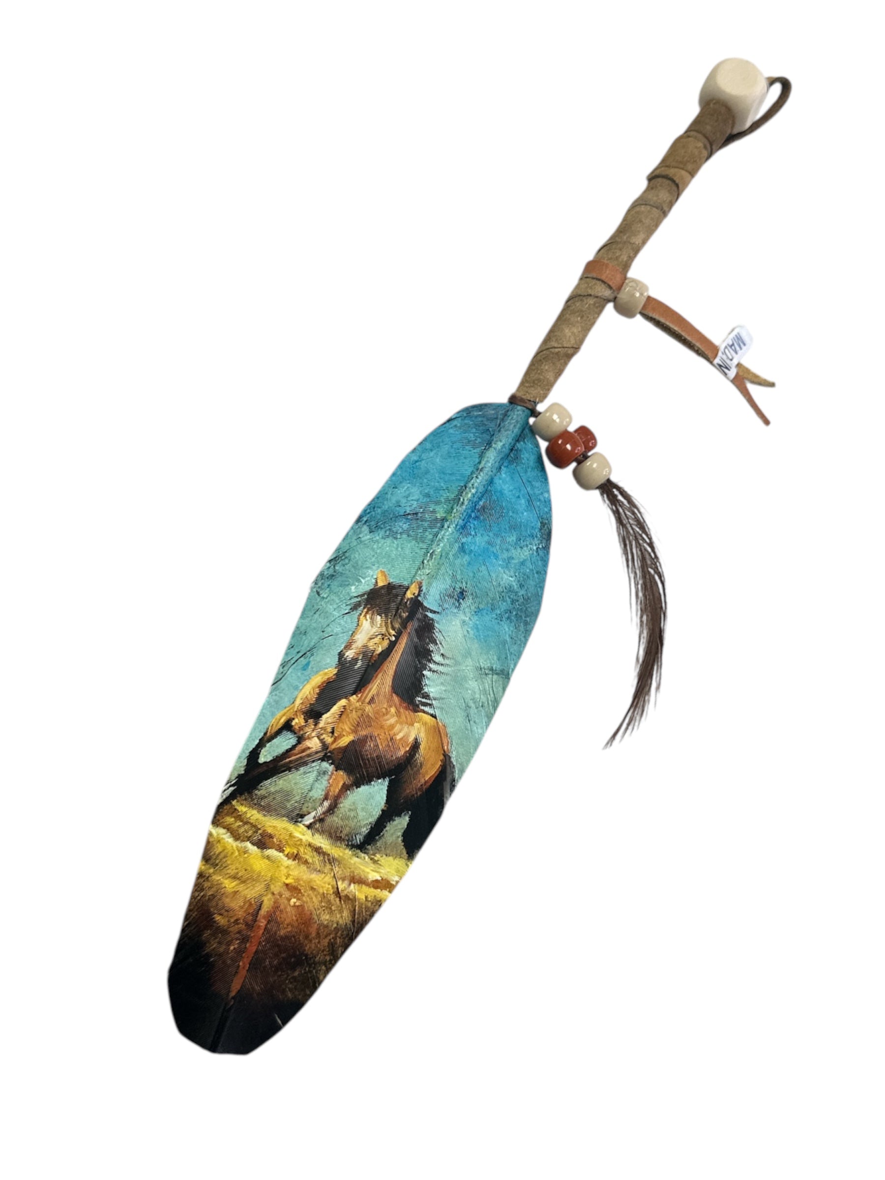 Vivid hand-painted feather art by Jose Alberto Chavez, 12-inch Native tradition decor for home and garden display.