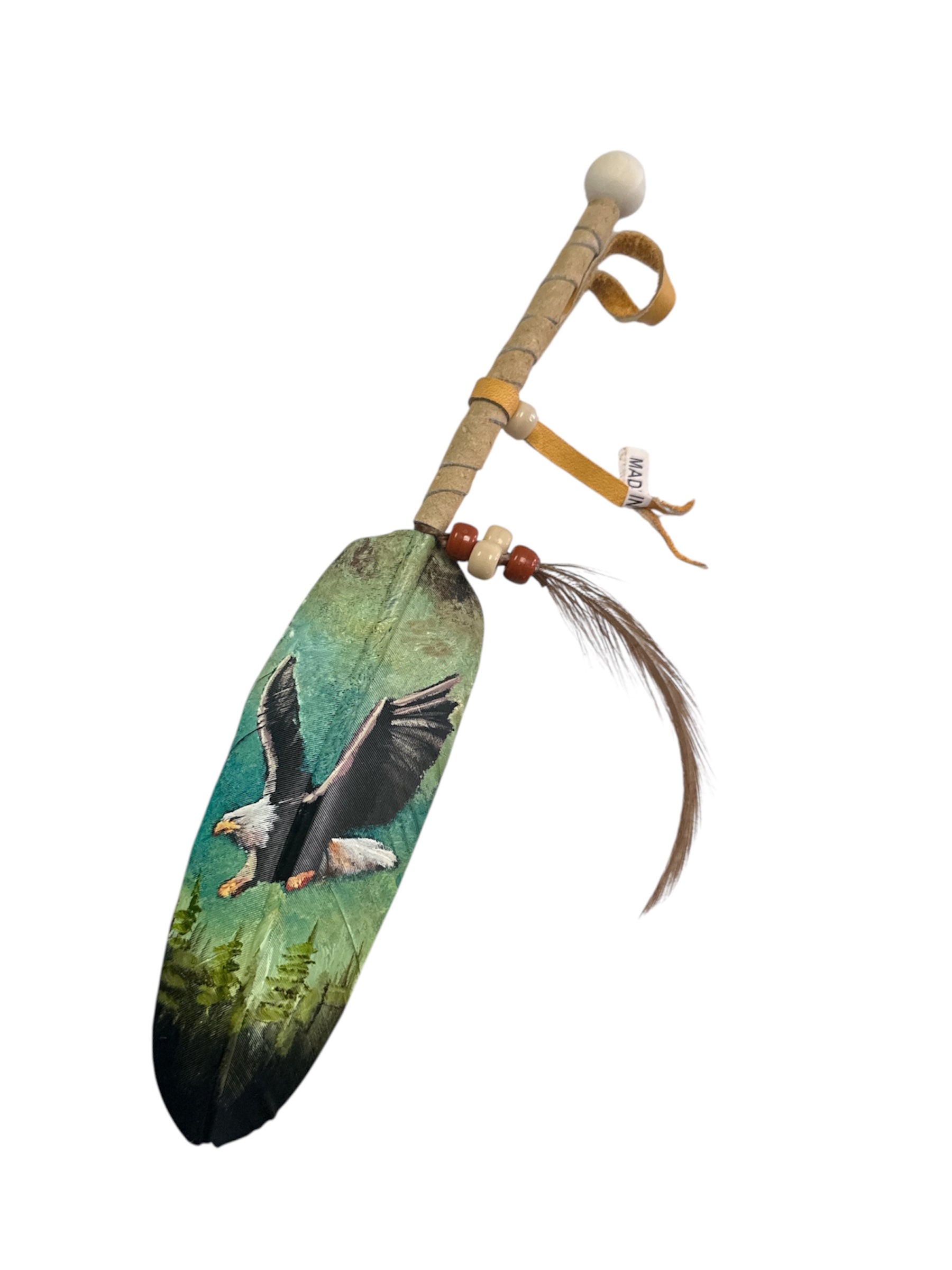 Vivid hand-painted feather art by Jose Alberto Chavez, 12-inch Native tradition decor piece for home and garden artwork.