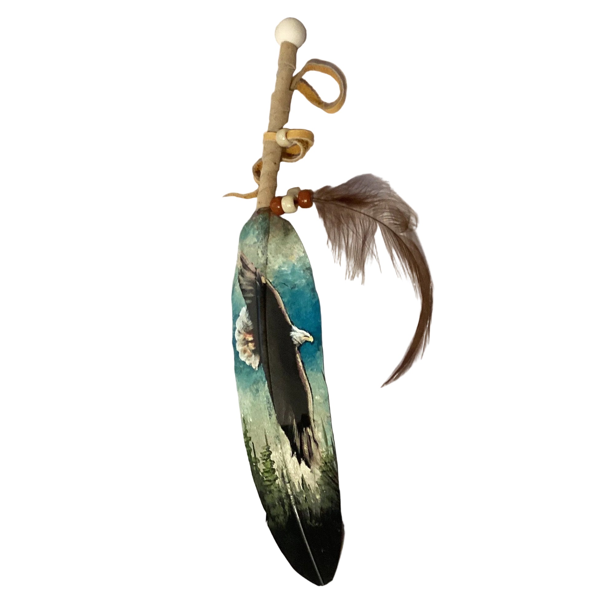 Vivid hand-painted feather art by Jose Alberto Chavez, 12-inch Native tradition decor piece showcasing detailed, colorful feather designs.