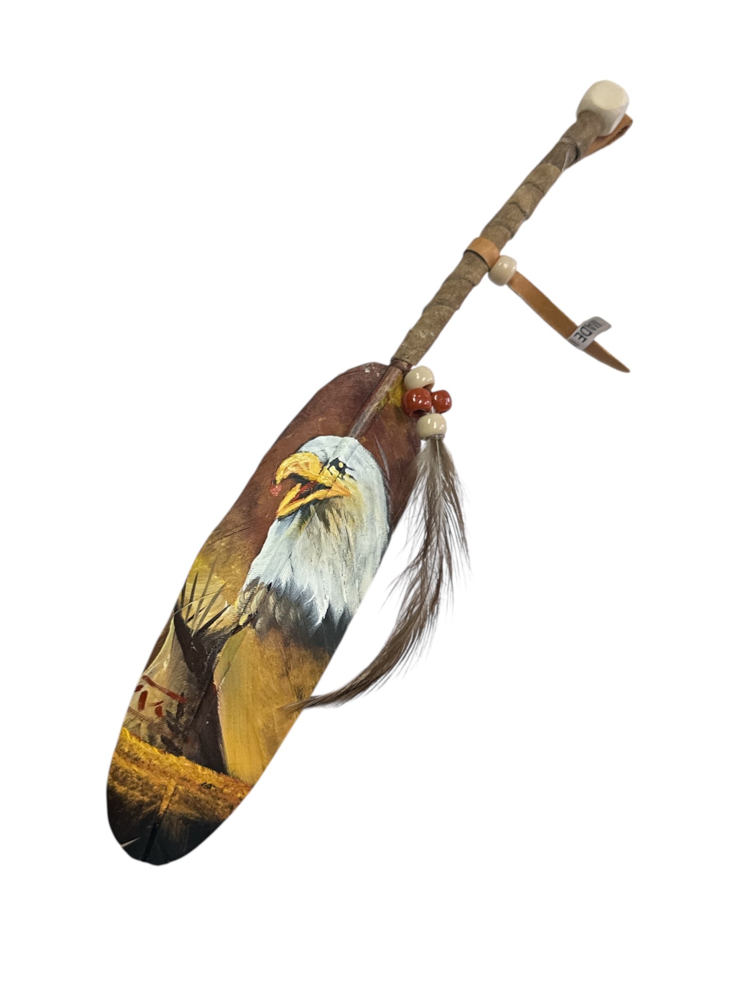 Hand-painted feather art by Jose Alberto Chavez featuring Native tradition design, measuring 12 inches, ideal for home decor.
