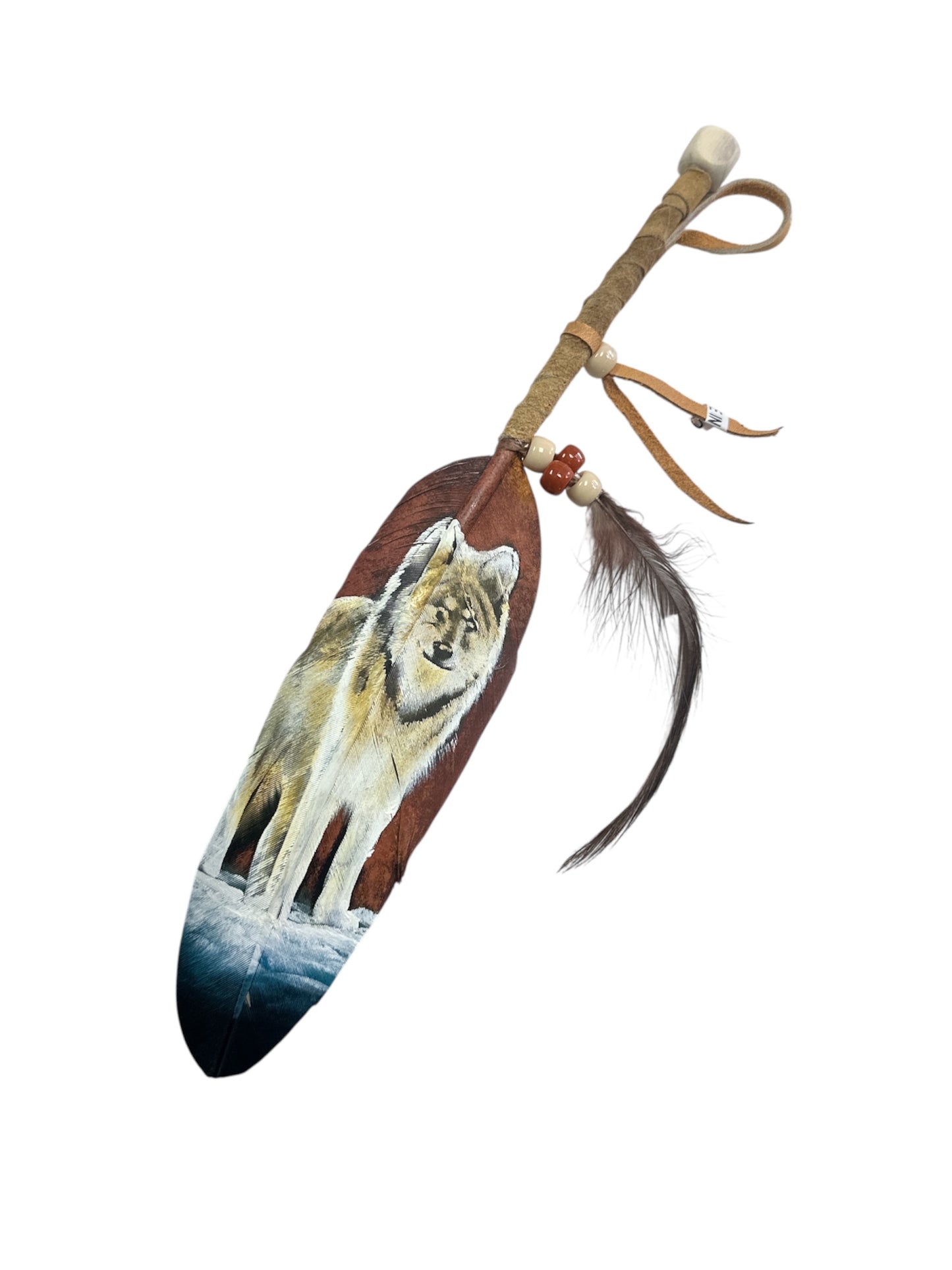 Vivid hand-painted feather art featuring nature and native designs, 6-inch decorative feather crafted by Ysleta Mission Gift Shop.