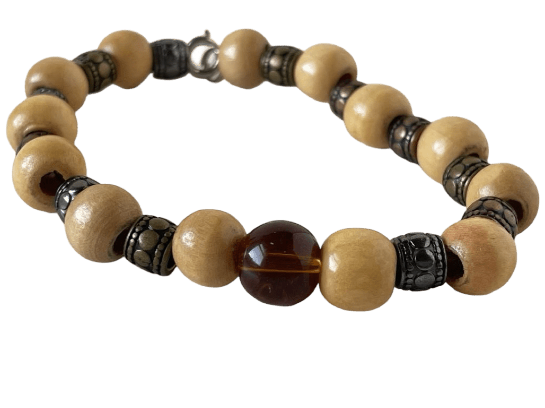 Wood Bead Bracelet - 7.75-Inch with Multi-Colored Spacer Beads & Circular Clasp