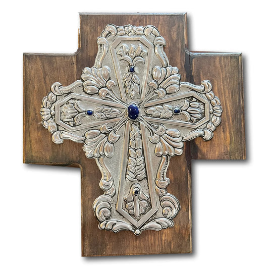 Handcrafted wooden cross with embossed tin design and blue stone accents, Catholic Christian gift, spiritual decor.