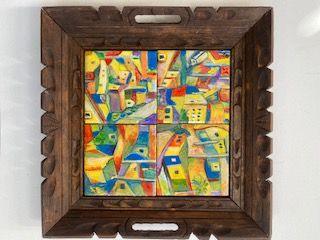 Wood & Tile Tray – Hand-Painted Juárez Abstract Art (13×13×1.25) - Ysleta Mission Gift Shop
