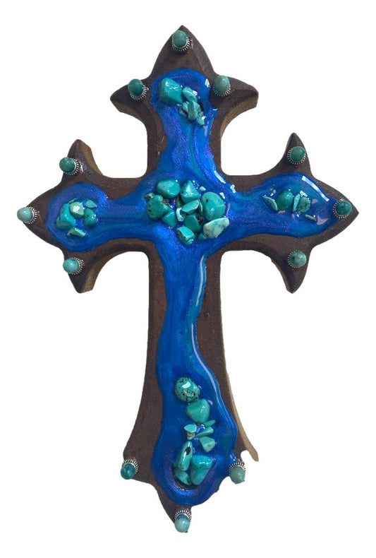 Cross Resin Inlaid Turquoise Stones Layered Wood Backing 9x5.5