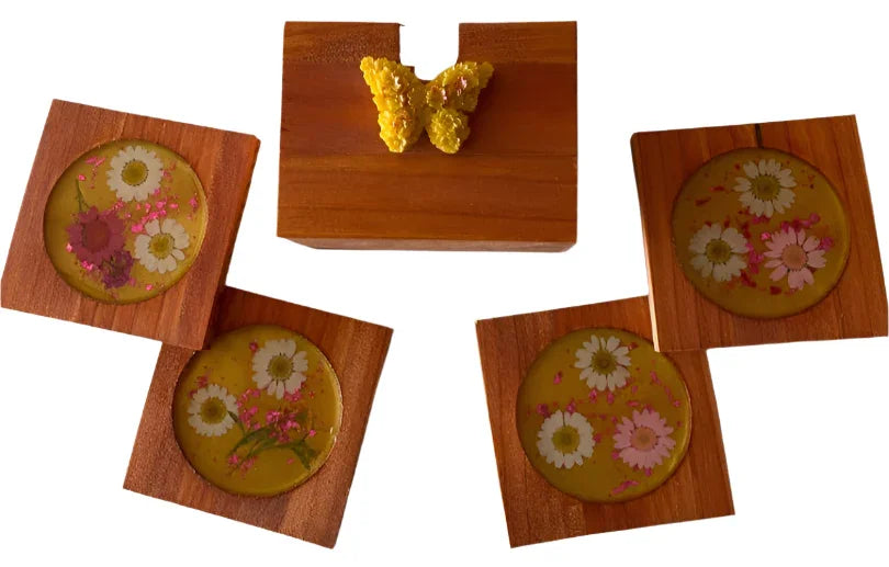Wooden coaster set with butterfly holder, inlaid dried flowers and resin, for nature-inspired home decor, 3.5 x 4.5 inches.