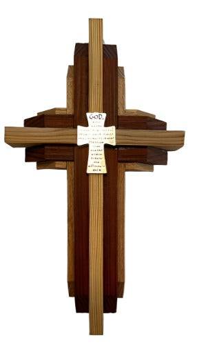 Wooden Cross in White Poplar, Redwood, Oak with Silver Serenity Prayer