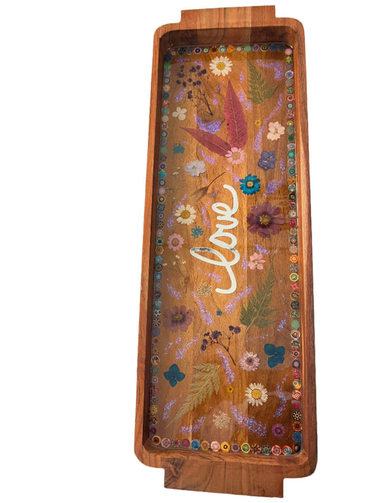 Wooden Serving Tray with "Love" Floral Design – 24"x8" Resin-Sealed Kitchen Decor