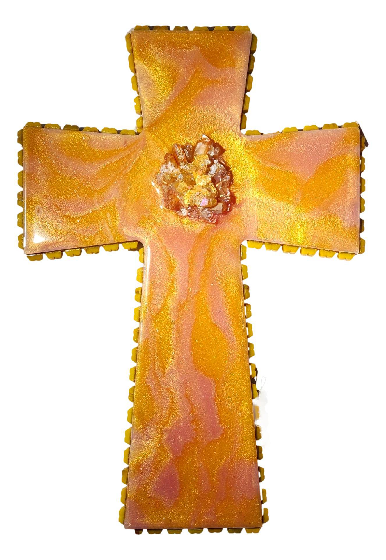 Yellow Pink Resin Geode Mosaic Wood Cross – 12.5x8.5