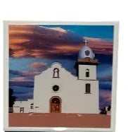 Ysleta Mission Clouds ceramic coaster with cork backing, 4x4 inches, by Miguel Martinez, featuring detailed Mission-inspired artwork.
