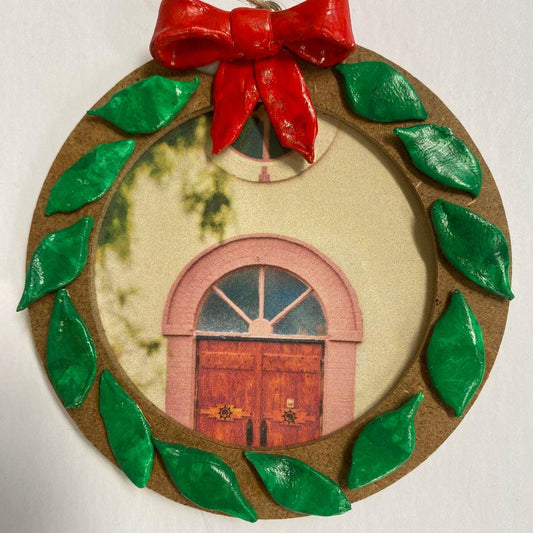 Ysleta Mission Door In A Round Bas Relief Decorated Ornament - Ysleta Mission Gift Shop