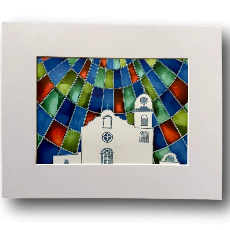 Ysleta Mission Earth Tone 5x7 matted photo by Krystal Molina showcasing vibrant stained glass style artwork for 8x10 frame.