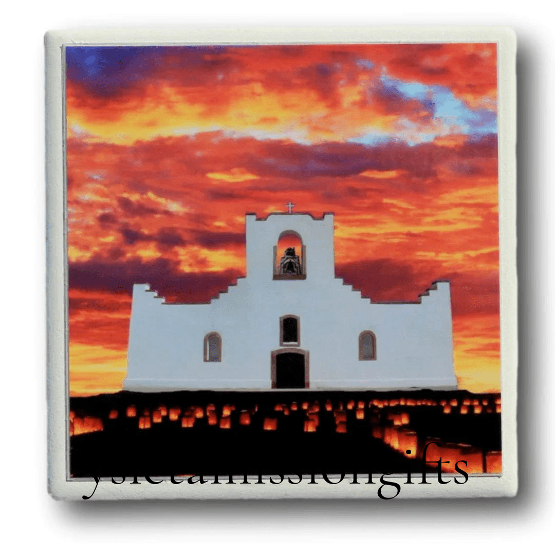Ysleta Mission Luminarias ceramic coaster with cork back, 4x4 inches, decorative tile by Miguel Martinez.