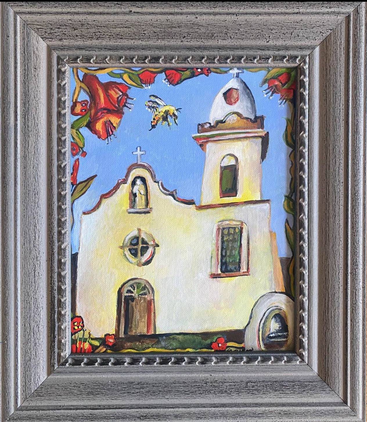 Ysleta Mission Original Acrylic Painting - 12x14 Canvas Board in Decorative Gray Wood Frame