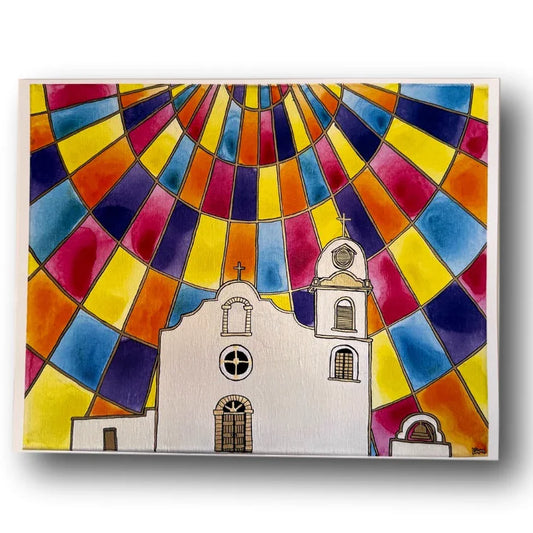 Ysleta Mission print by Krystal Molina, cathedral glass style wall art, 11.25×14.5 inches, inspired by historic mission landmark.
