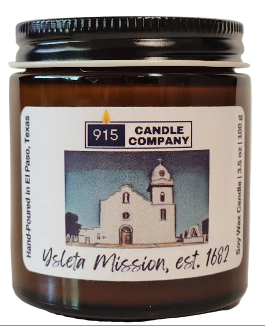 Ysleta Mission scented candle by Ysleta Mission Gift Shop, hand-poured, small batch, featuring a decorative design inspired by El Paso souvenirs.