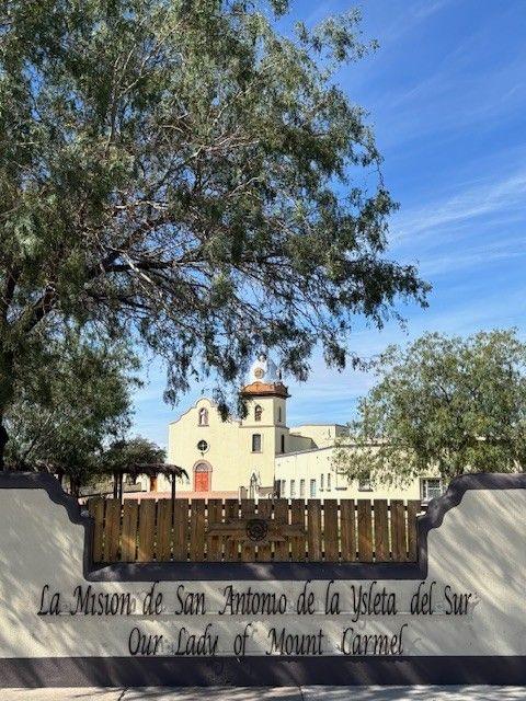 Ysleta Mission with sign notecard by Miguel Martinez, 5x7 heavyweight El Paso souvenir card featuring detailed illustration.
