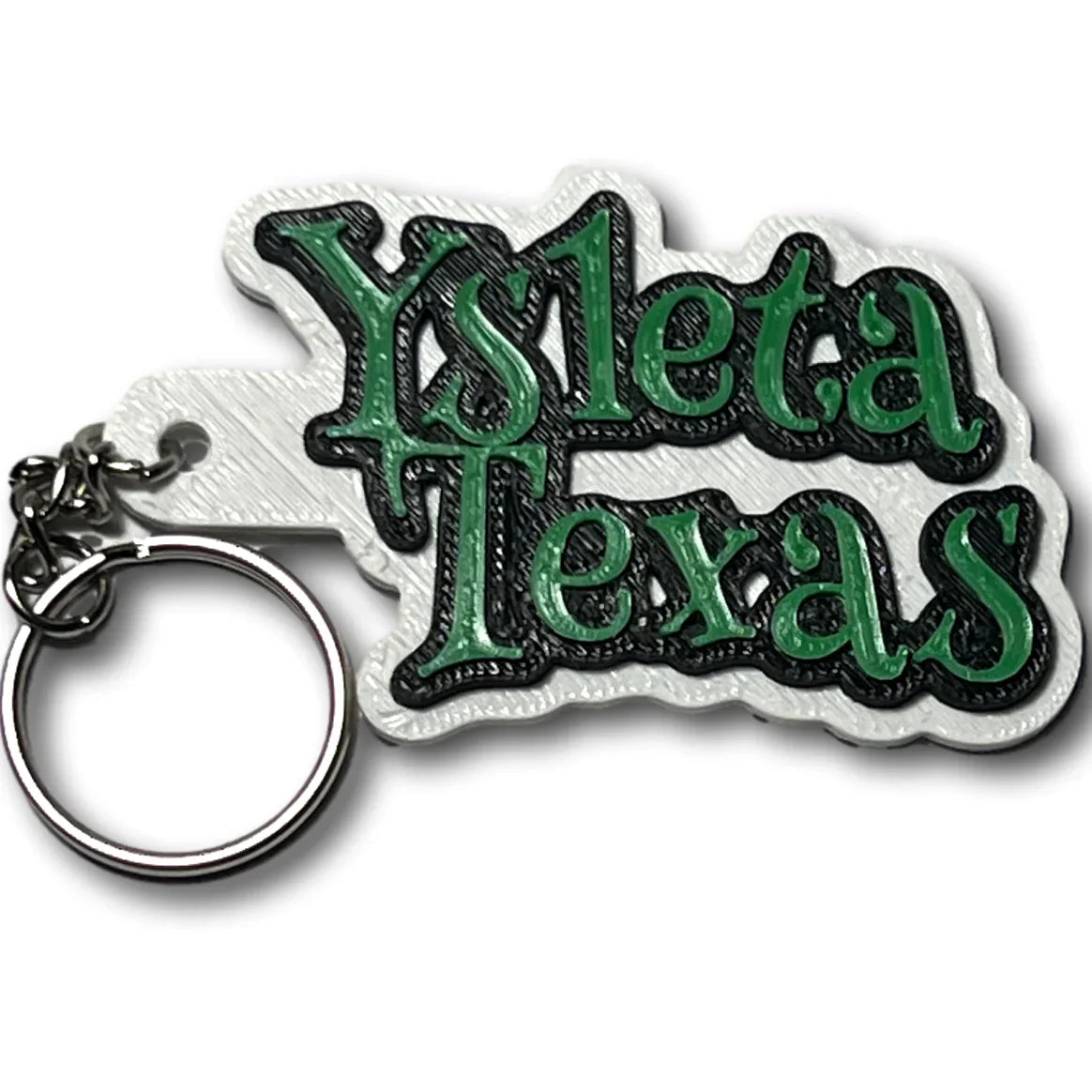 Acrylic Ysleta Texas keychain bag tag with 3D layered laser cut design, measuring 3x1.5 inches, featuring colorful Texas-themed artwork.