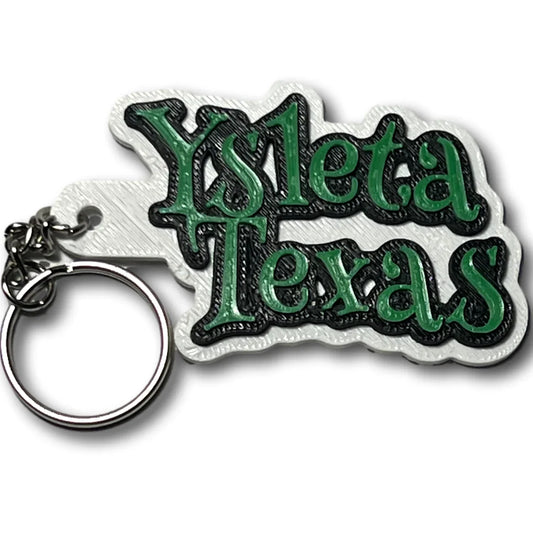 Acrylic Ysleta Texas keychain bag tag with 3D layered laser cut design, measuring 3x1.5 inches, featuring colorful Texas-themed artwork.