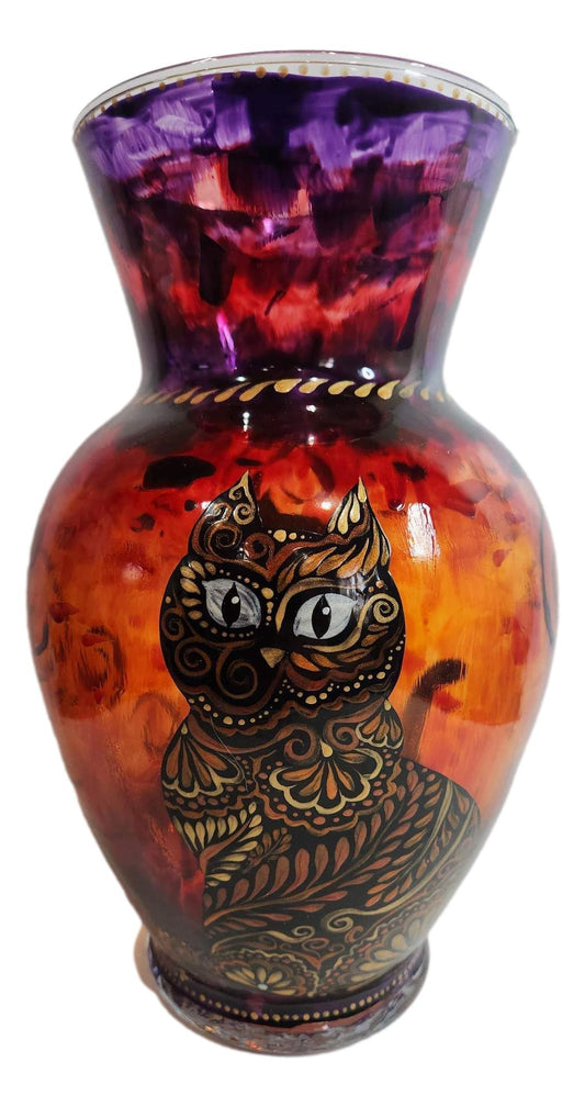 Decorative Glass Large Vase With Cat Motiff Handpainted H: 10.5 in x W: 9 in