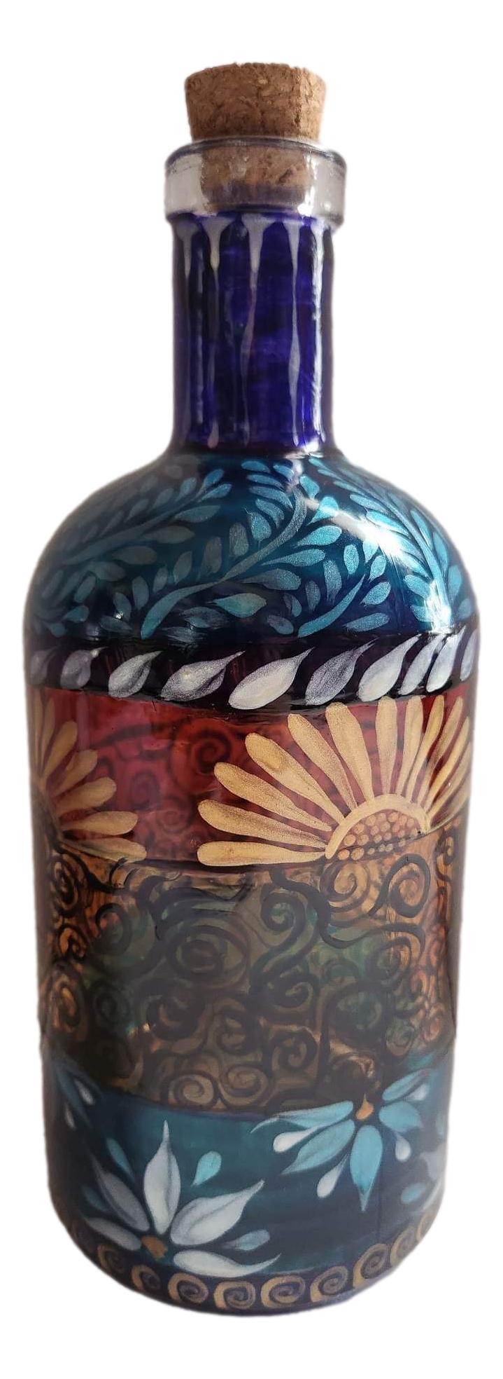 Decorative Glass Large Bottle With Cork Handpainted H: 9 in. x W: 3.5 in.